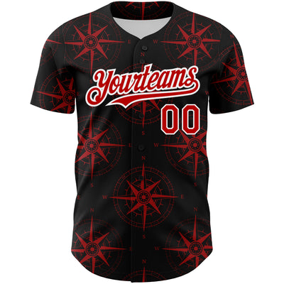 Custom Black Red-White 3D Pattern Design Navigation Compass Authentic Baseball Jersey