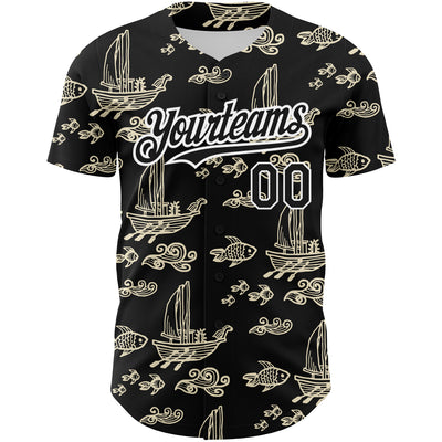 Custom Black White 3D Pattern Design Boats And Fish Authentic Baseball Jersey