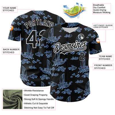 Custom Black White-Light Blue 3D Pattern Design Boats And Fish Authentic Baseball Jersey