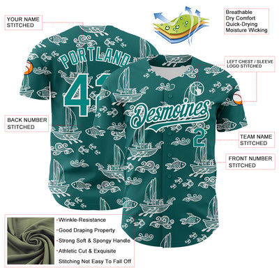 Custom Teal White 3D Pattern Design Boats And Fish Authentic Baseball Jersey