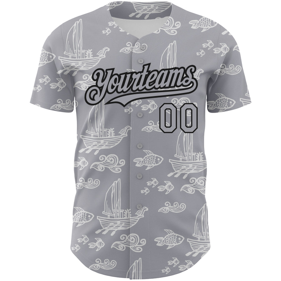 Custom Gray Black 3D Pattern Design Boats And Fish Authentic Baseball Jersey