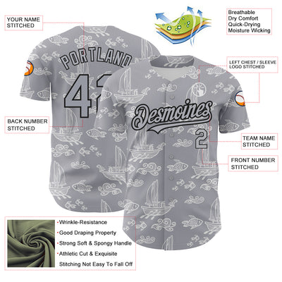 Custom Gray Black 3D Pattern Design Boats And Fish Authentic Baseball Jersey