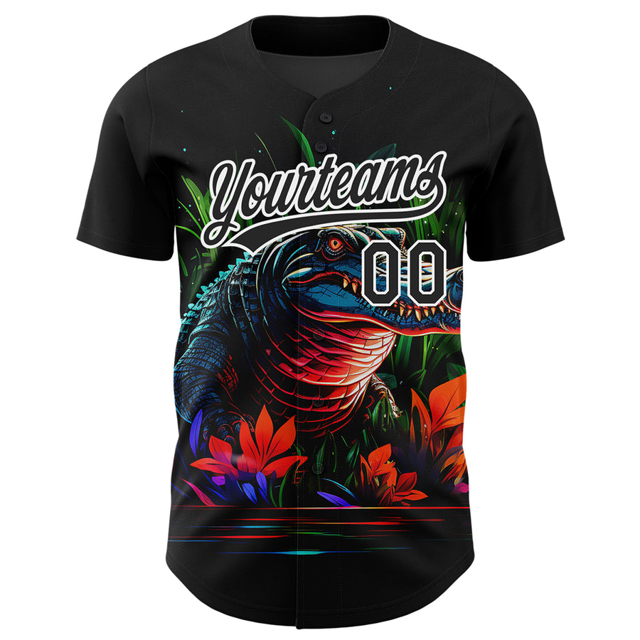 Custom Black White 3D Pattern Design Neon Crocodile Authentic Baseball Jersey