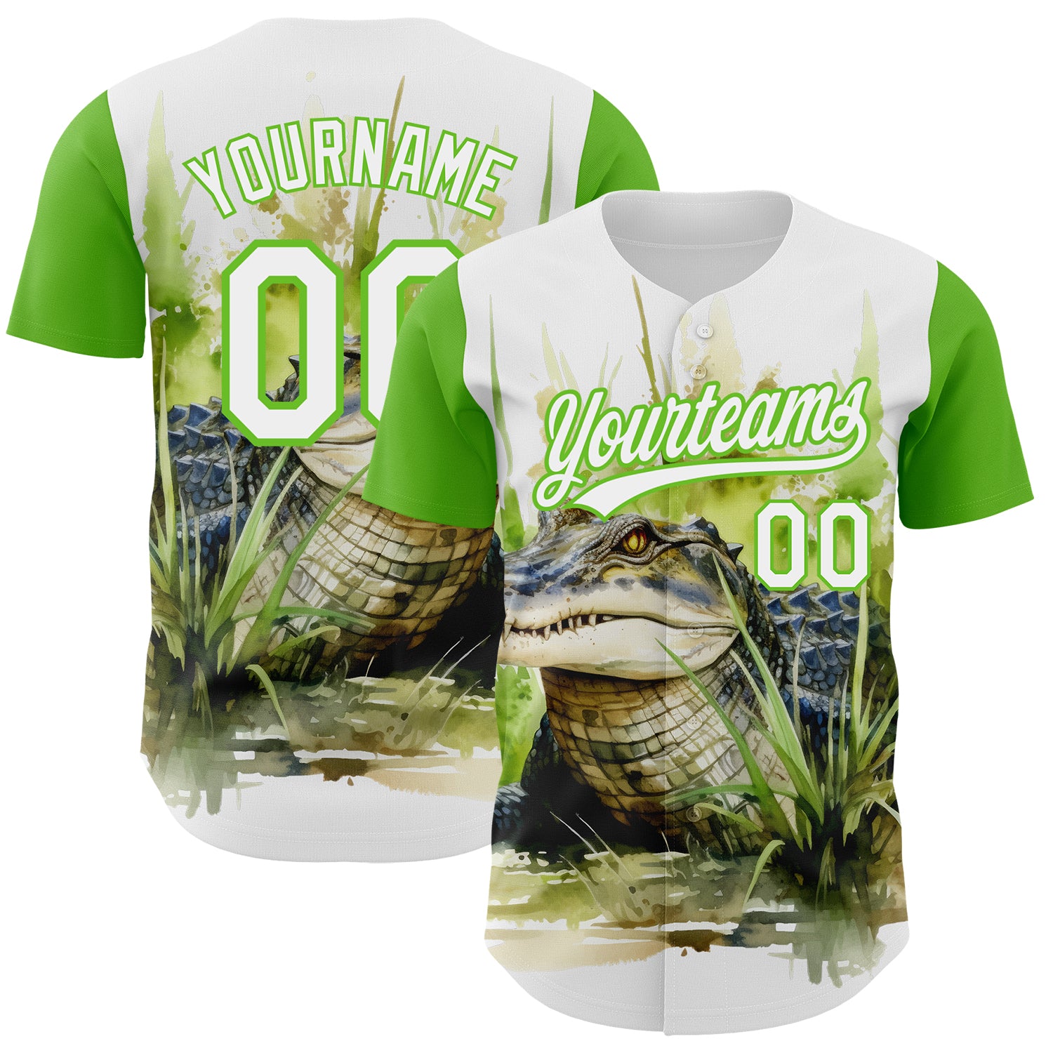 Custom White Aurora Green 3D Pattern Design Crocodile Authentic Baseball Jersey