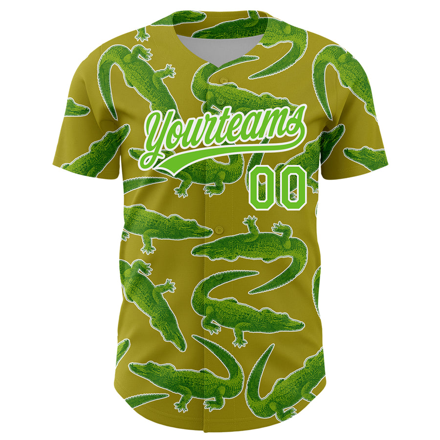 Custom Olive Aurora Green-White 3D Pattern Design Crocodile Authentic Baseball Jersey