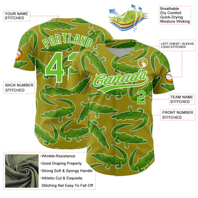 Custom Olive Aurora Green-White 3D Pattern Design Crocodile Authentic Baseball Jersey