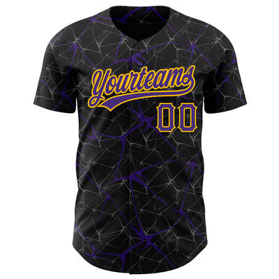 Custom Black Purple-Gold 3D Pattern Design Abstract Network Authentic Baseball Jersey