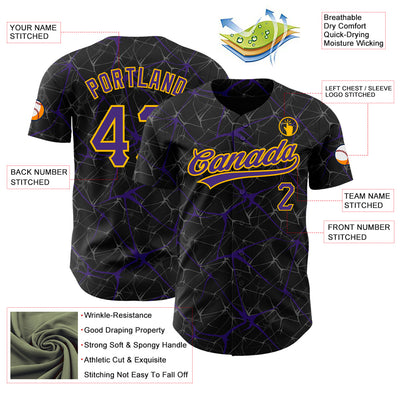 Custom Black Purple-Gold 3D Pattern Design Abstract Network Authentic Baseball Jersey