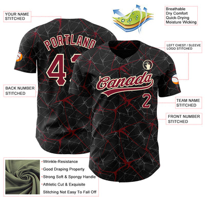 Custom Black Crimson-Cream 3D Pattern Design Abstract Network Authentic Baseball Jersey