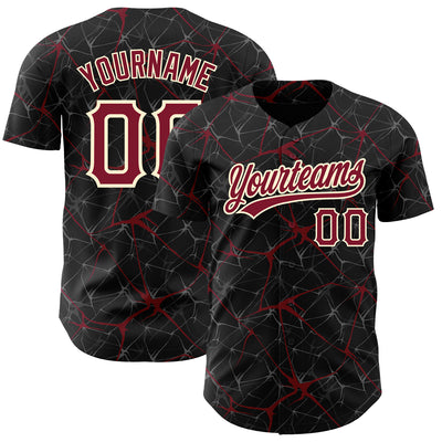 Custom Black Crimson-Cream 3D Pattern Design Abstract Network Authentic Baseball Jersey