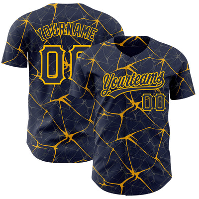 Custom Navy Gold 3D Pattern Design Abstract Network Authentic Baseball Jersey