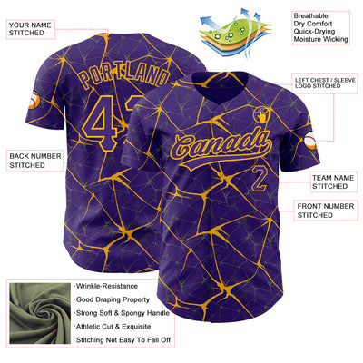 Custom Purple Gold 3D Pattern Design Abstract Network Authentic Baseball Jersey