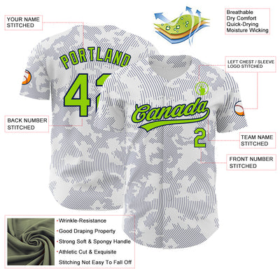 Custom White Neon Green-Navy 3D Pattern Design Curve Lines Authentic Baseball Jersey