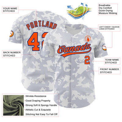 Custom White Orange-Royal 3D Pattern Design Curve Lines Authentic Baseball Jersey