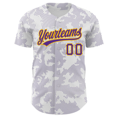 Custom White Purple-Gold 3D Pattern Design Curve Lines Authentic Baseball Jersey