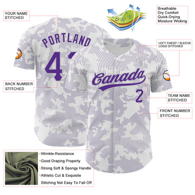 Custom White Purple-Gray 3D Pattern Design Curve Lines Authentic Baseball Jersey