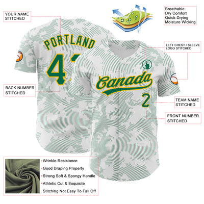 Custom White Kelly Green-Gold 3D Pattern Design Curve Lines Authentic Baseball Jersey