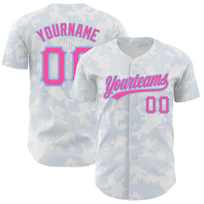 Custom White Pink-Light Blue 3D Pattern Design Curve Lines Authentic Baseball Jersey