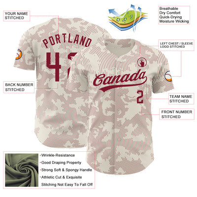 Custom Cream Crimson 3D Pattern Design Curve Lines Authentic Baseball Jersey