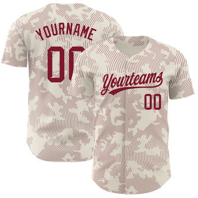 Custom Cream Crimson 3D Pattern Design Curve Lines Authentic Baseball Jersey