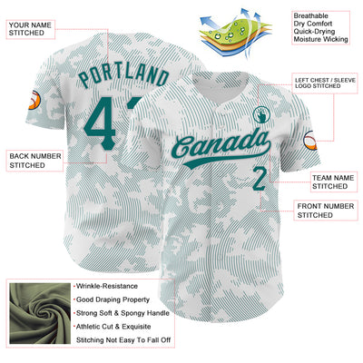 Custom White Teal-Gray 3D Pattern Design Curve Lines Authentic Baseball Jersey