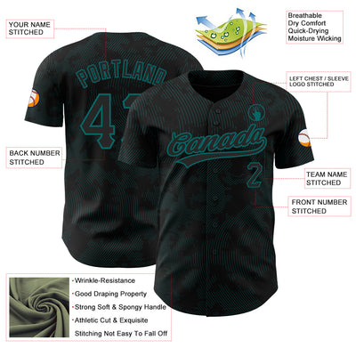 Custom Black Teal 3D Pattern Design Curve Lines Authentic Baseball Jersey