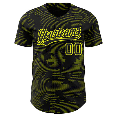 Custom Black Neon Yellow 3D Pattern Design Curve Lines Authentic Baseball Jersey