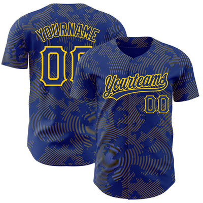 Custom Royal Yellow 3D Pattern Design Curve Lines Authentic Baseball Jersey