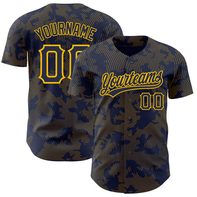 Custom Navy Gold 3D Pattern Design Curve Lines Authentic Baseball Jersey