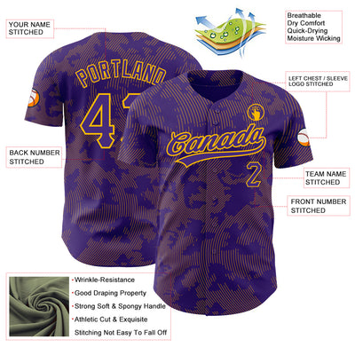 Custom Purple Gold 3D Pattern Design Curve Lines Authentic Baseball Jersey