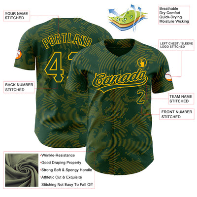 Custom Green Gold 3D Pattern Design Curve Lines Authentic Baseball Jersey