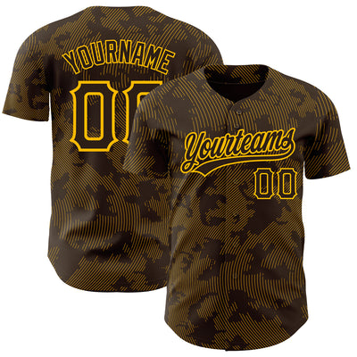 Custom Brown Gold 3D Pattern Design Curve Lines Authentic Baseball Jersey