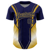 Custom Navy Old Gold 3D Pattern Design Side Stripes Authentic Baseball Jersey