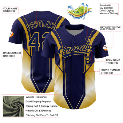 Custom Navy Old Gold 3D Pattern Design Side Stripes Authentic Baseball Jersey