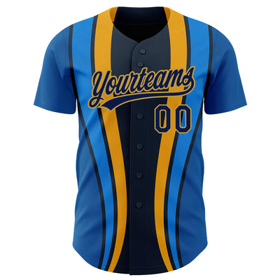 Custom Royal Navy-Old Gold 3D Pattern Design Side Stripes Authentic Baseball Jersey