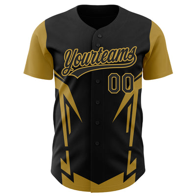 Custom Black Old Gold 3D Pattern Design Side Sharp Edges Authentic Baseball Jersey