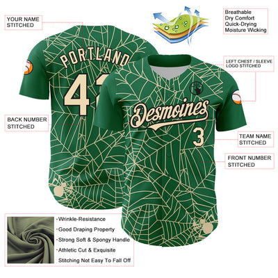 Custom Kelly Green Cream-Black 3D Pattern Design Spider Web Authentic Baseball Jersey