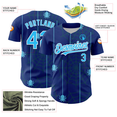 Custom Royal Sky Blue-White 3D Pattern Design Spider Web Authentic Baseball Jersey