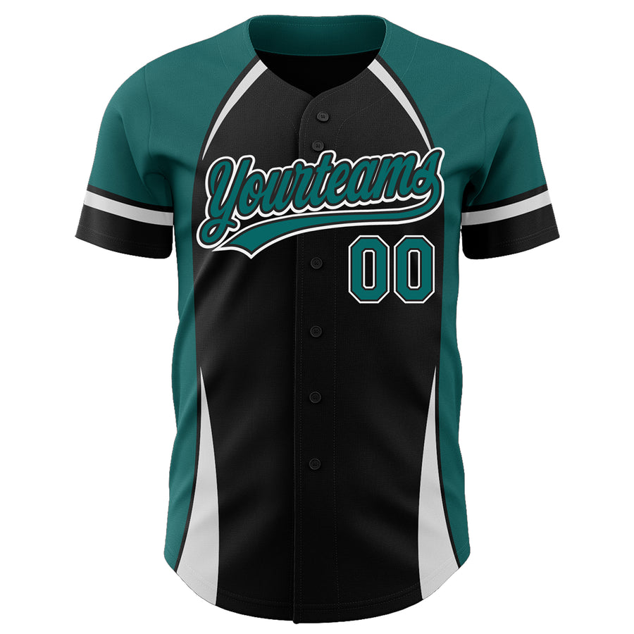 Custom Black Teal-White 3D Pattern Design Curve Solid Authentic Baseball Jersey