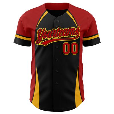 Custom Black Red-Gold 3D Pattern Design Curve Solid Authentic Baseball Jersey