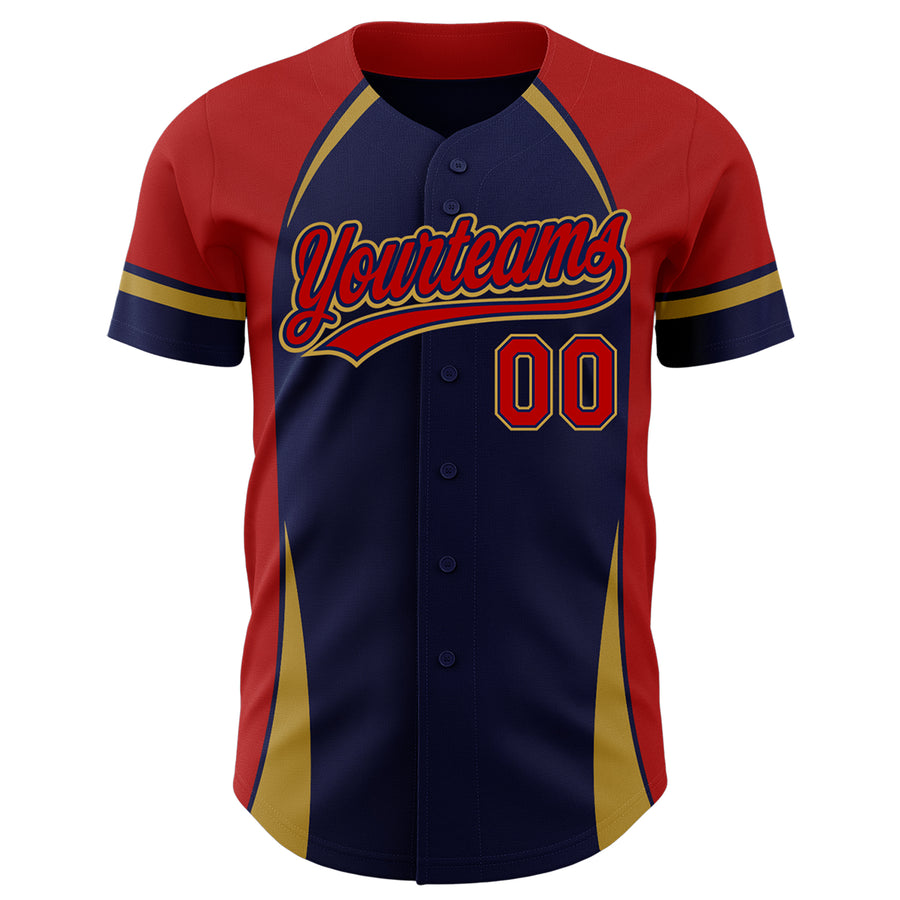 Custom Navy Red-Old Gold 3D Pattern Design Curve Solid Authentic Baseball Jersey