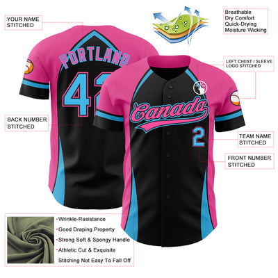 Custom Black Sky Blue-Pink 3D Pattern Design Curve Solid Authentic Baseball Jersey