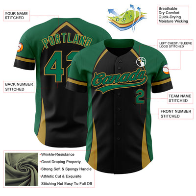 Custom Black Kelly Green-Old Gold 3D Pattern Design Curve Solid Authentic Baseball Jersey