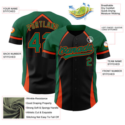 Custom Black Kelly Green-Orange 3D Pattern Design Curve Solid Authentic Baseball Jersey