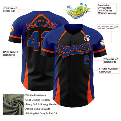 Custom Black Royal-Orange 3D Pattern Design Curve Solid Authentic Baseball Jersey