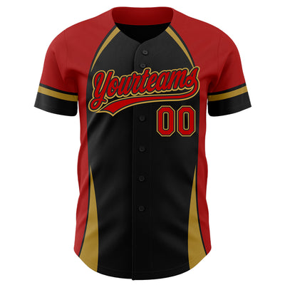 Custom Black Red-Old Gold 3D Pattern Design Curve Solid Authentic Baseball Jersey