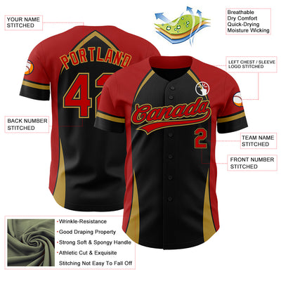 Custom Black Red-Old Gold 3D Pattern Design Curve Solid Authentic Baseball Jersey