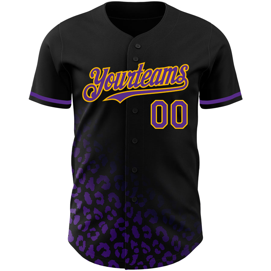 Custom Black Purple-Gold 3D Pattern Design Leopard Print Fade Fashion Authentic Baseball Jersey