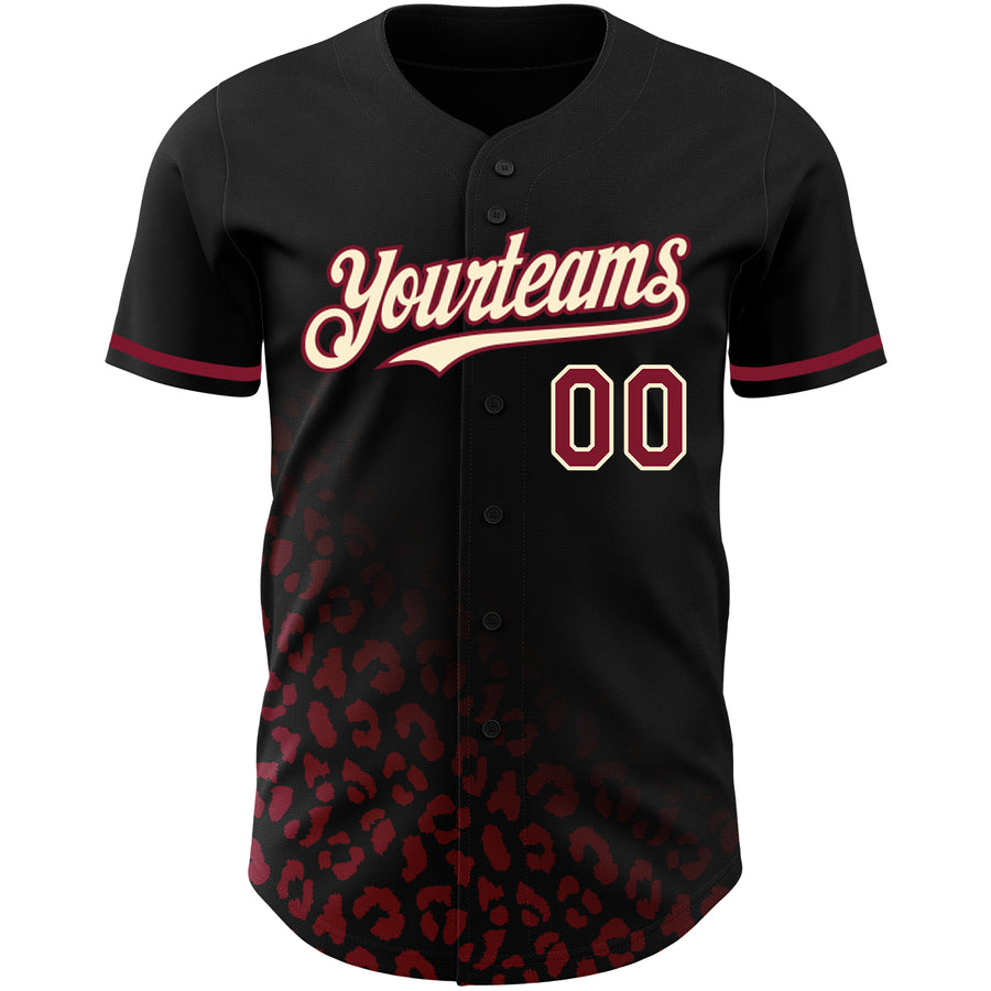 Custom Black Crimson-Cream 3D Pattern Design Leopard Print Fade Fashion Authentic Baseball Jersey