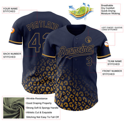 Custom Navy Old Gold 3D Pattern Design Leopard Print Fade Fashion Authentic Baseball Jersey